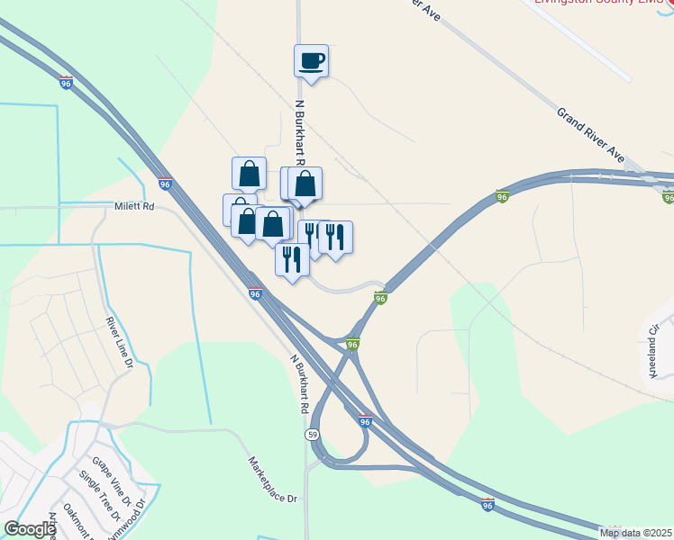 map of restaurants, bars, coffee shops, grocery stores, and more near 1360 North Burkhart Road in Howell