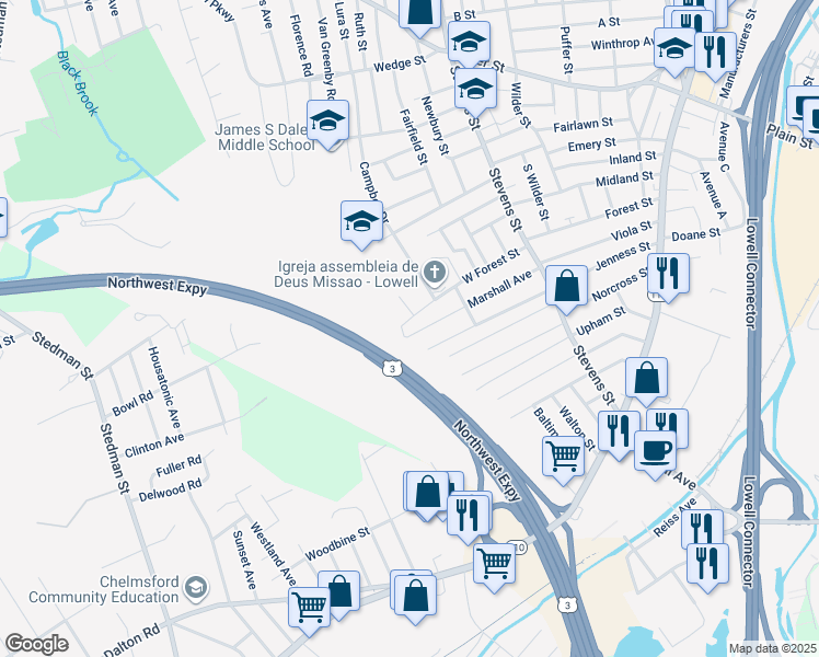 map of restaurants, bars, coffee shops, grocery stores, and more near 147 Marshall Avenue in Lowell
