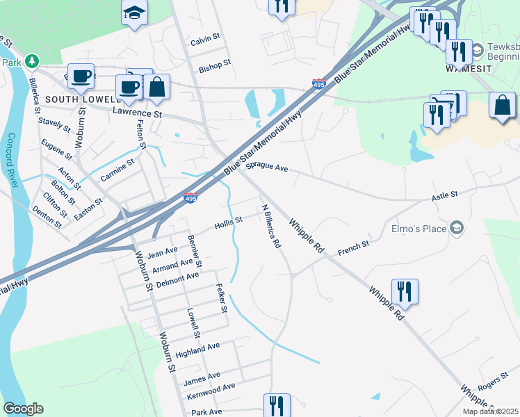 map of restaurants, bars, coffee shops, grocery stores, and more near 112 Hollis Street in Lowell
