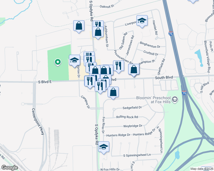 map of restaurants, bars, coffee shops, grocery stores, and more near 2087 South Boulevard in Auburn Hills