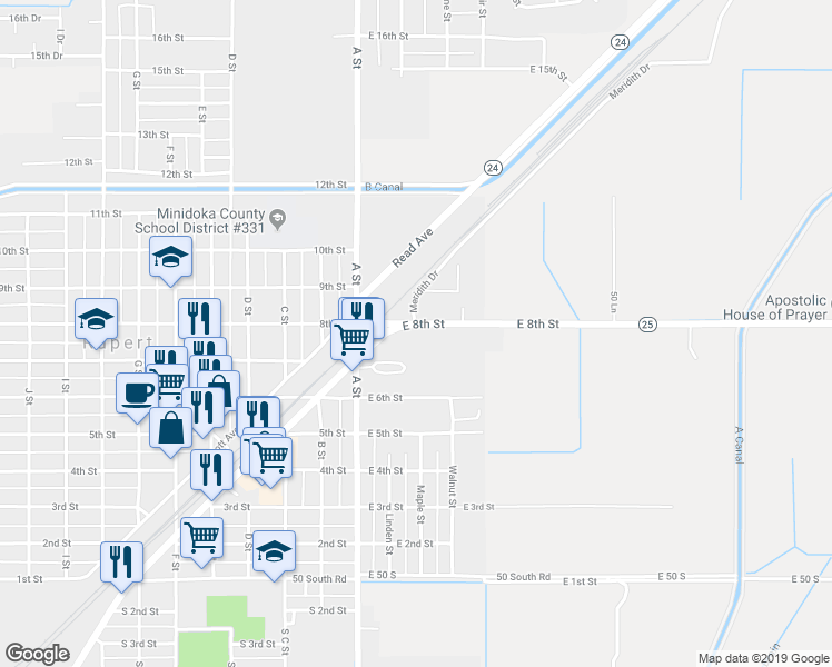map of restaurants, bars, coffee shops, grocery stores, and more near 223 8th Street in Rupert