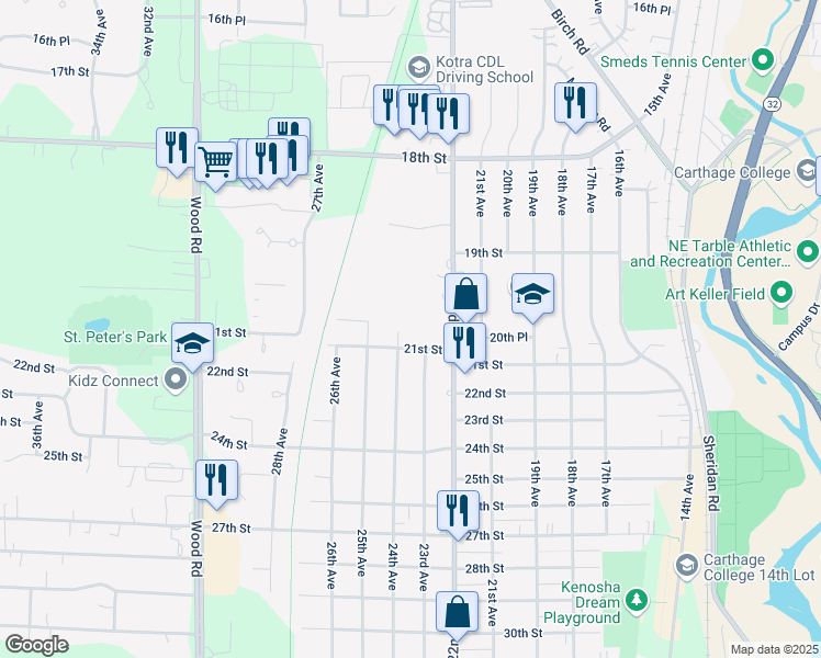 map of restaurants, bars, coffee shops, grocery stores, and more near 2026 22nd Avenue in Kenosha