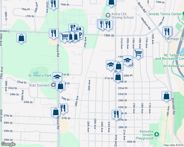 map of restaurants, bars, coffee shops, grocery stores, and more near 2515 20th Place in Kenosha