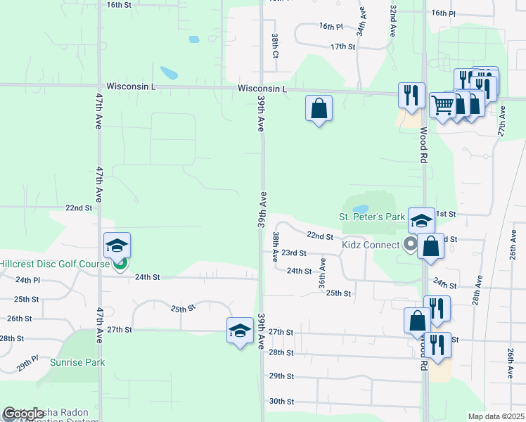 map of restaurants, bars, coffee shops, grocery stores, and more near 39th Avenue in Kenosha
