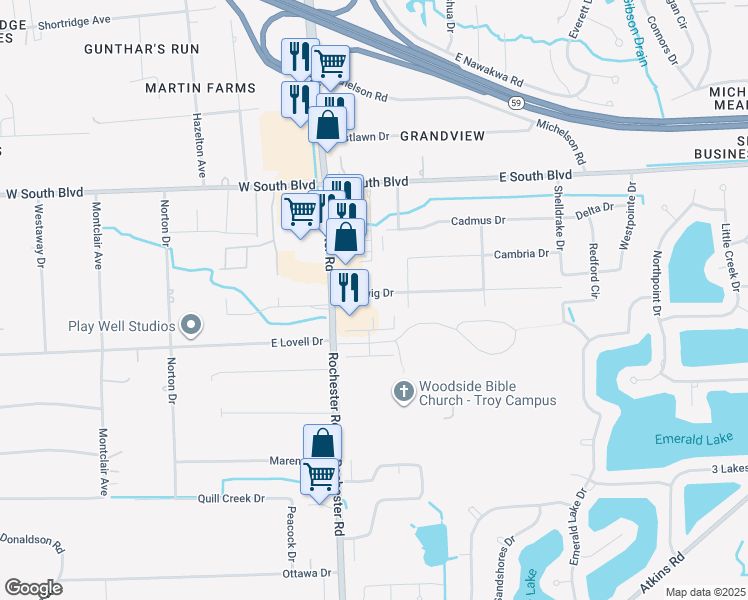 map of restaurants, bars, coffee shops, grocery stores, and more near 1080 Hartwig Drive in Troy