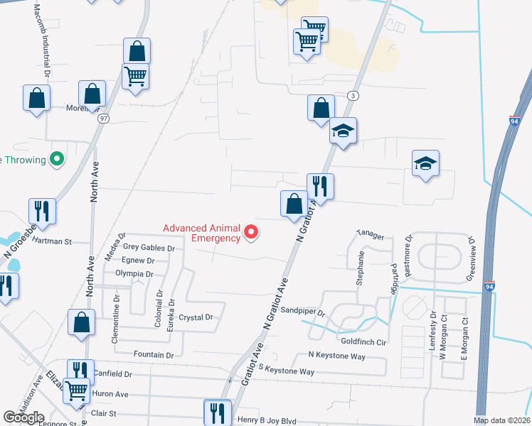 map of restaurants, bars, coffee shops, grocery stores, and more near 23585 Stragier Drive in Clinton Township