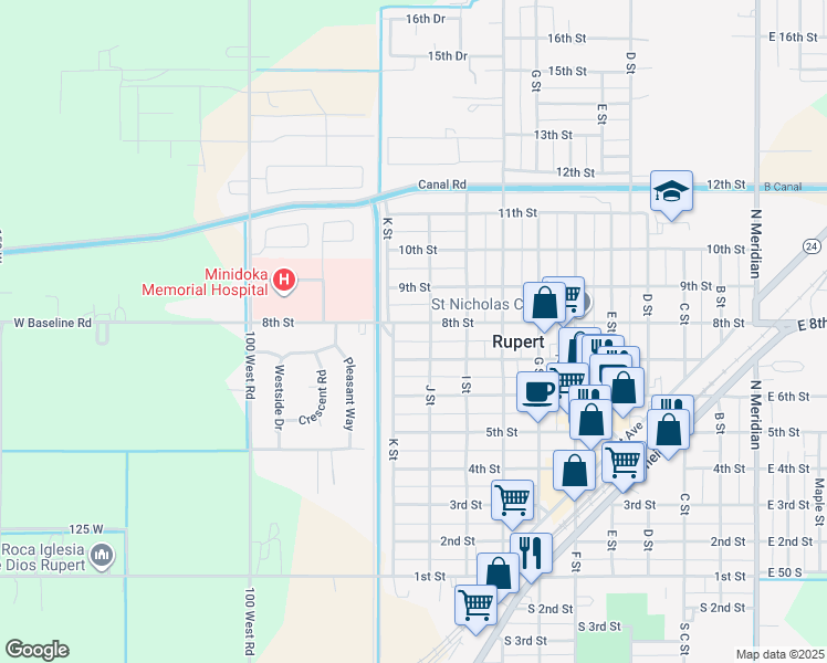 map of restaurants, bars, coffee shops, grocery stores, and more near 712-716 K Street in Rupert