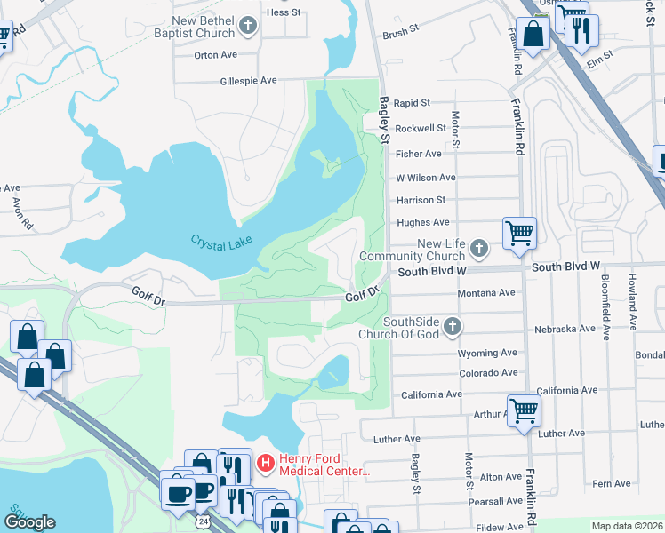 map of restaurants, bars, coffee shops, grocery stores, and more near 237 Oak Ridge Drive in Pontiac