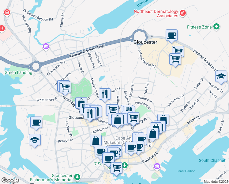map of restaurants, bars, coffee shops, grocery stores, and more near 16 Cleveland Street in Gloucester