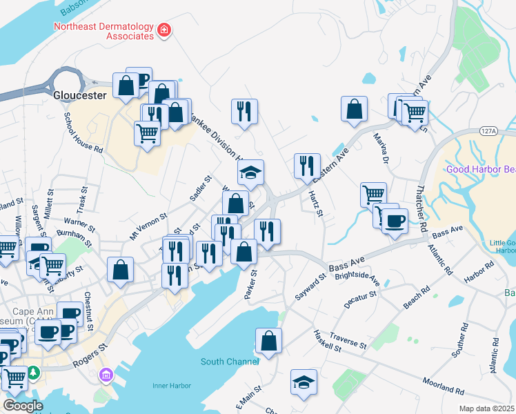 map of restaurants, bars, coffee shops, grocery stores, and more near 8 Webster Street in Gloucester