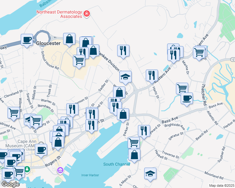 map of restaurants, bars, coffee shops, grocery stores, and more near 6 Fair Street in Gloucester