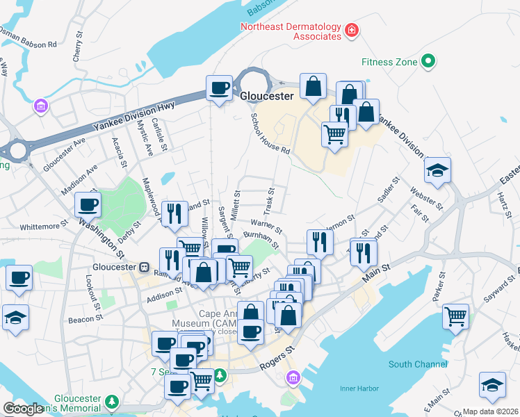 map of restaurants, bars, coffee shops, grocery stores, and more near 9 Trask Street in Gloucester