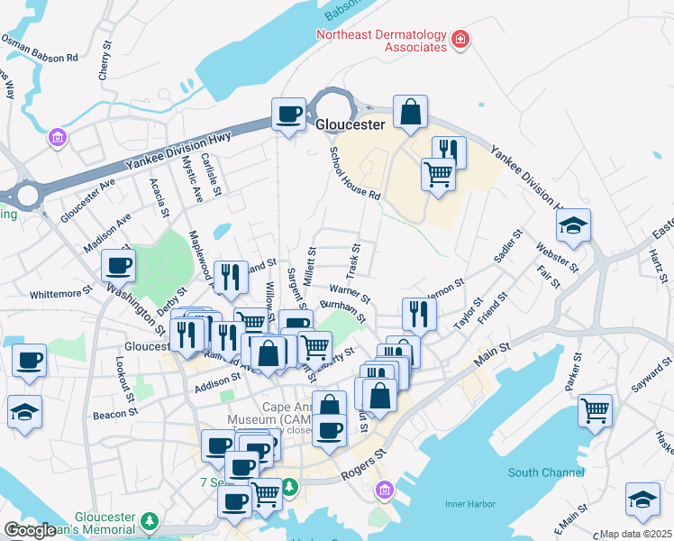 map of restaurants, bars, coffee shops, grocery stores, and more near 5 Forest Street in Gloucester