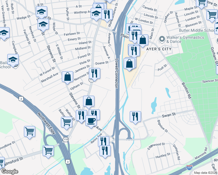 map of restaurants, bars, coffee shops, grocery stores, and more near 42 Wellman Street in Lowell