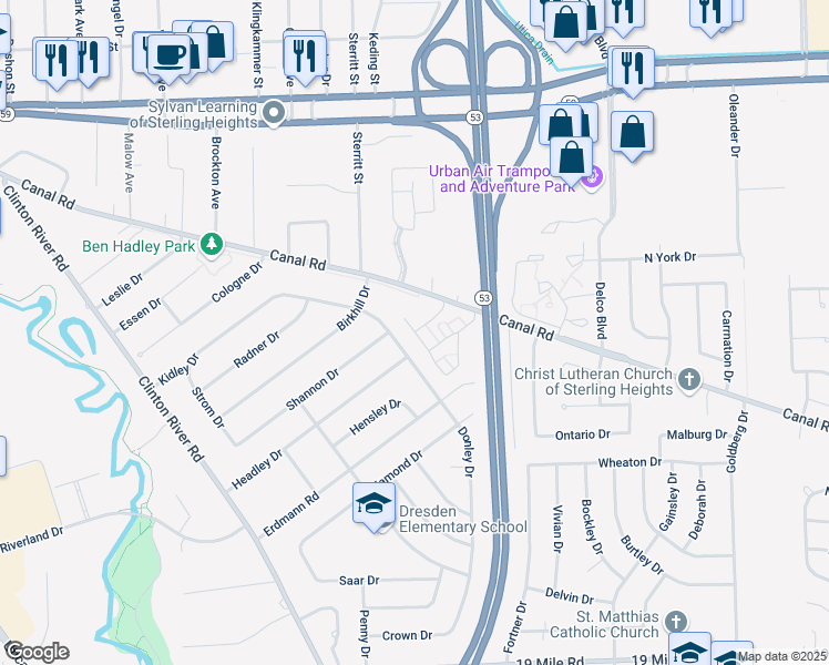 map of restaurants, bars, coffee shops, grocery stores, and more near 44156 Donley Drive in Sterling Heights