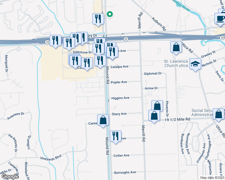 map of restaurants, bars, coffee shops, grocery stores, and more near 44266 Mound Road in Sterling Heights