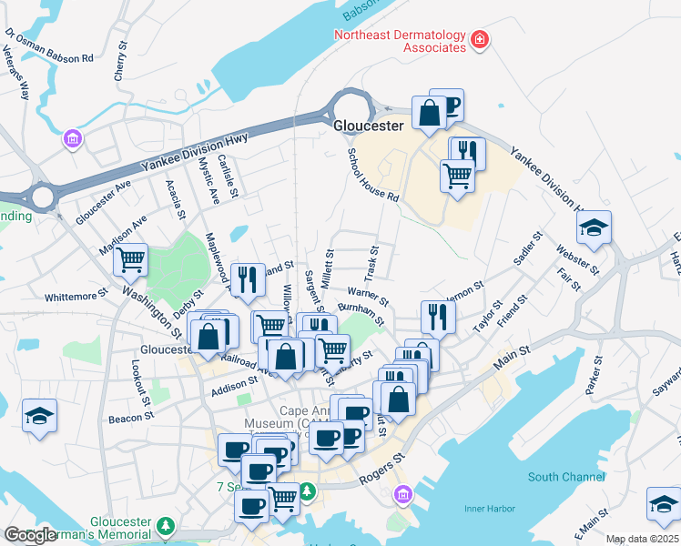 map of restaurants, bars, coffee shops, grocery stores, and more near 5 Forest Street in Gloucester