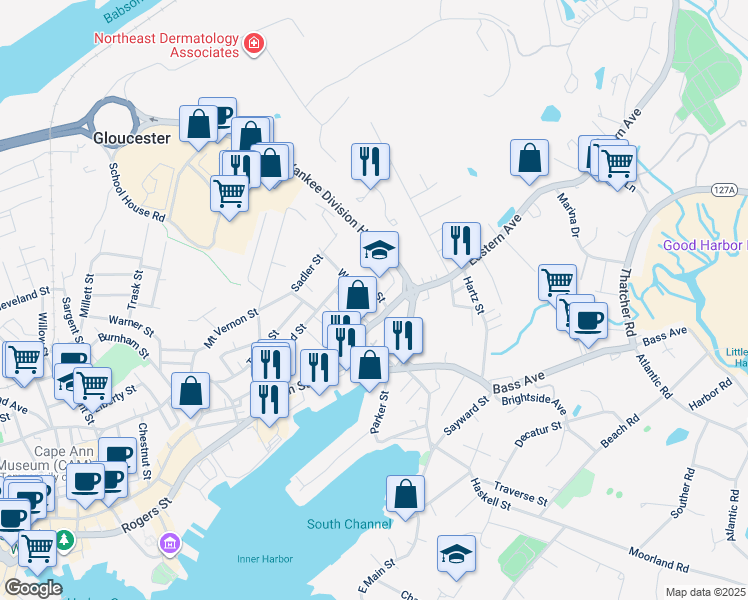 map of restaurants, bars, coffee shops, grocery stores, and more near 8 Webster Street in Gloucester
