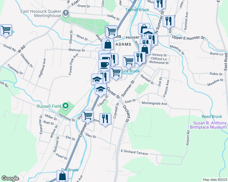map of restaurants, bars, coffee shops, grocery stores, and more near 64 Center Street in Adams