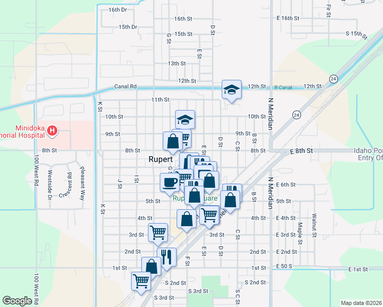map of restaurants, bars, coffee shops, grocery stores, and more near 724 F Street in Rupert