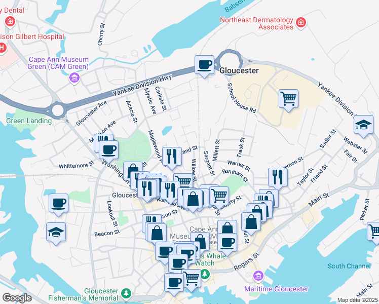 map of restaurants, bars, coffee shops, grocery stores, and more near 14 Cleveland Street in Gloucester