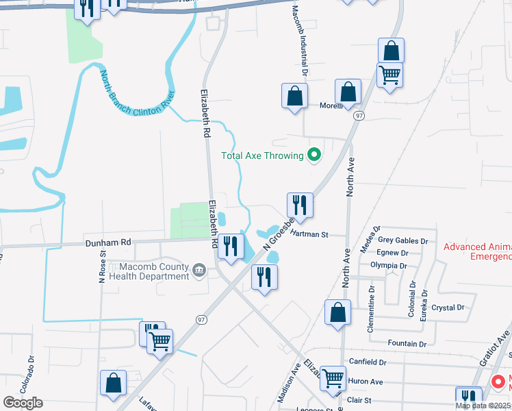 map of restaurants, bars, coffee shops, grocery stores, and more near 22380 Starks Drive in Charter Township of Clinton