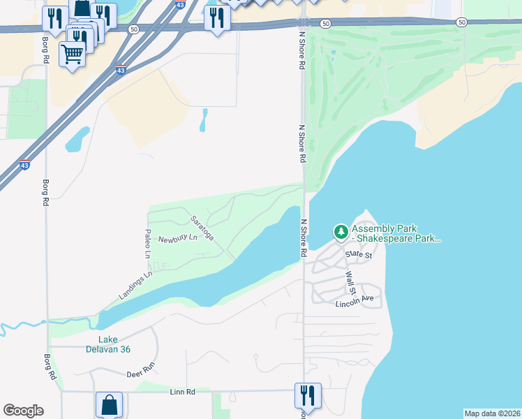 map of restaurants, bars, coffee shops, grocery stores, and more near 1448 Delavan Club Drive in Delavan