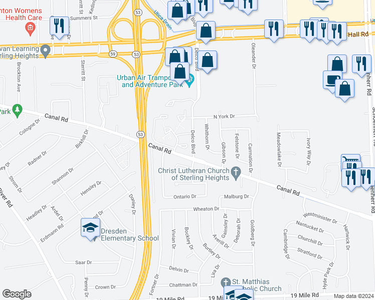 map of restaurants, bars, coffee shops, grocery stores, and more near 11926 Daisy Court in Sterling Heights