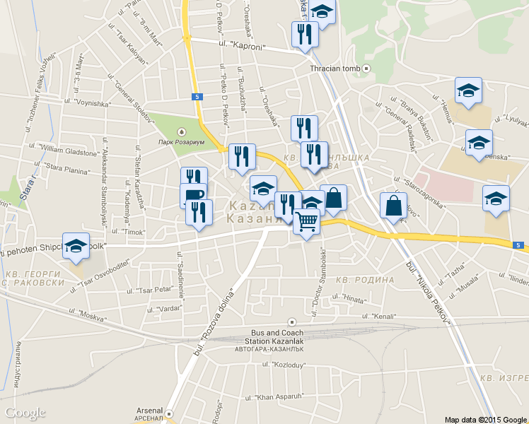 map of restaurants, bars, coffee shops, grocery stores, and more near in Kazanluk