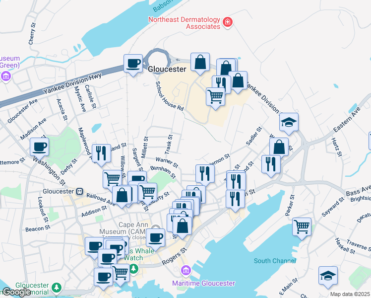 map of restaurants, bars, coffee shops, grocery stores, and more near 5R Dodge Street in Gloucester