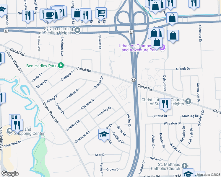map of restaurants, bars, coffee shops, grocery stores, and more near 44156 Donley Drive in Sterling Heights