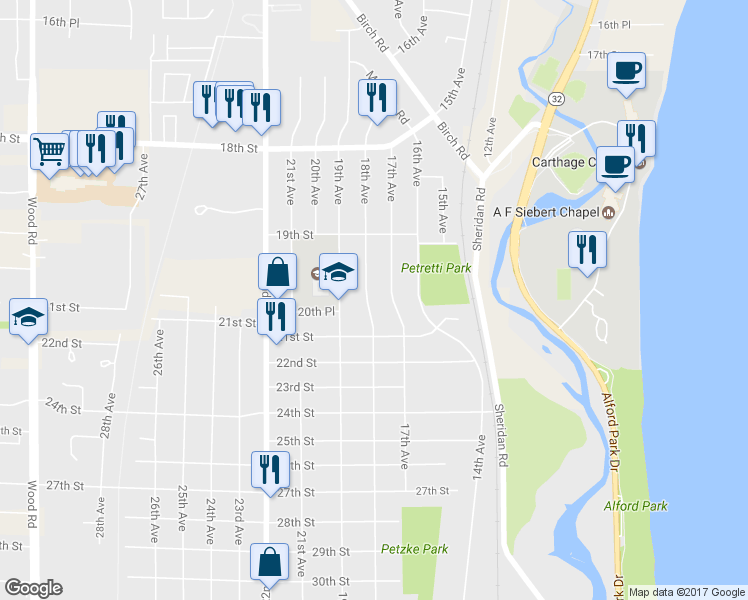 map of restaurants, bars, coffee shops, grocery stores, and more near 2027 18th Avenue in Kenosha