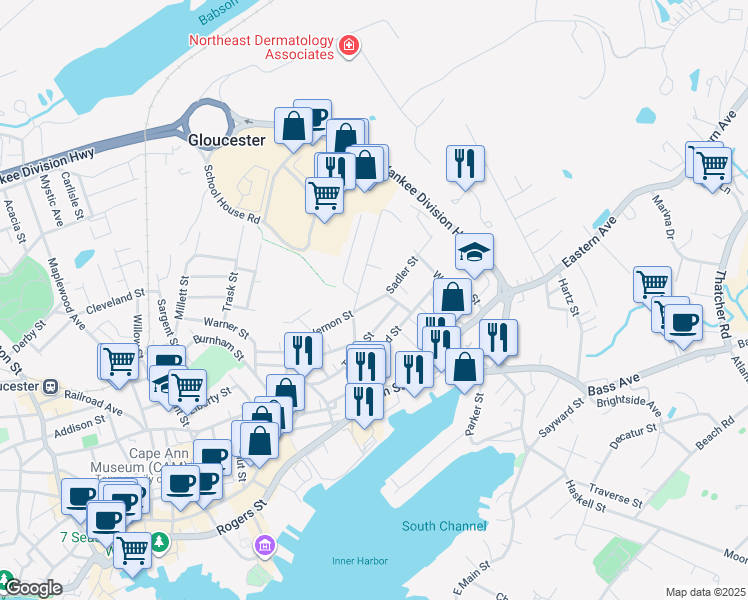 map of restaurants, bars, coffee shops, grocery stores, and more near 62A Mount Vernon Street in Gloucester