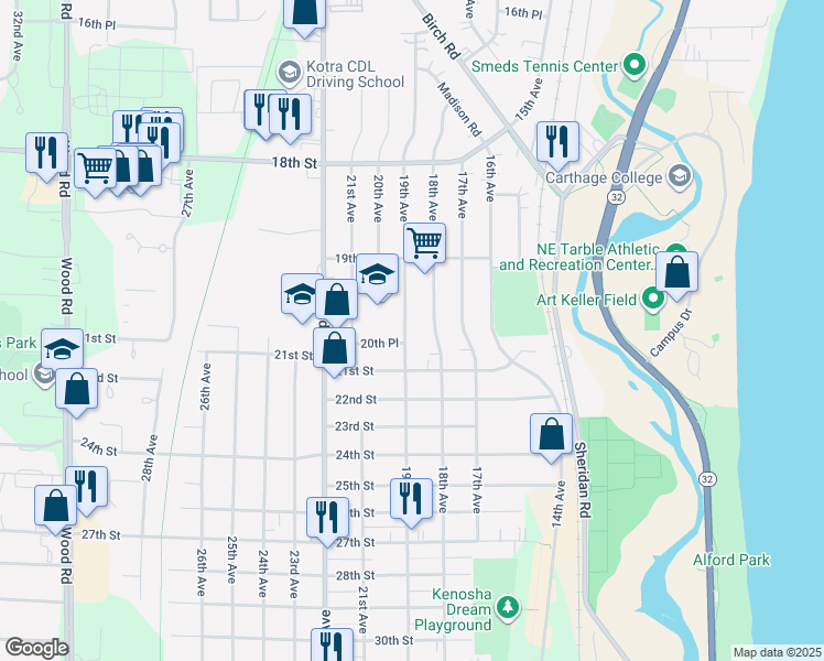 map of restaurants, bars, coffee shops, grocery stores, and more near 2027 19th Avenue in Kenosha