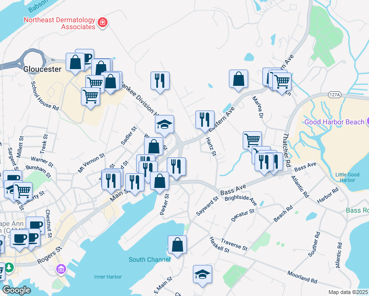 map of restaurants, bars, coffee shops, grocery stores, and more near 9 Neptune Place in Gloucester