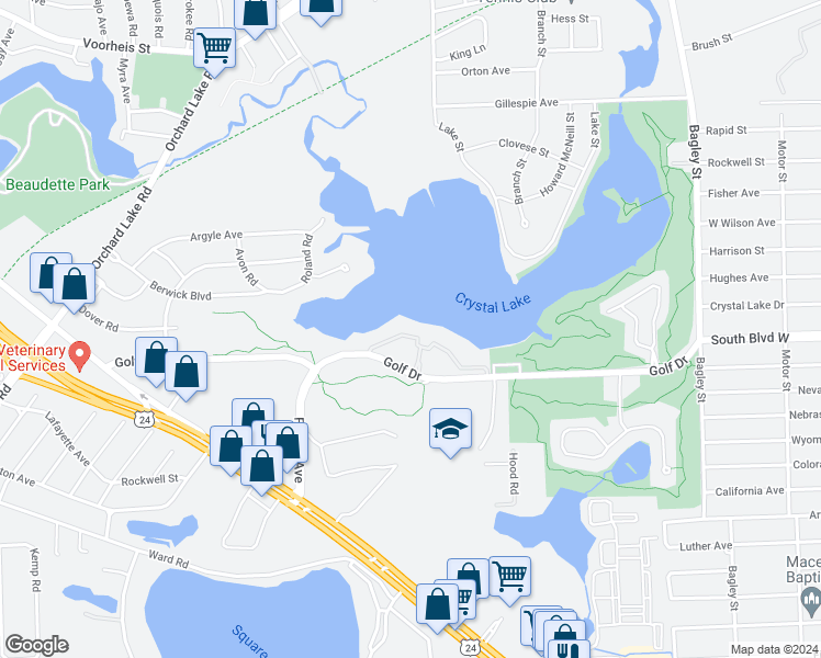 map of restaurants, bars, coffee shops, grocery stores, and more near 864 Golf Drive in Pontiac