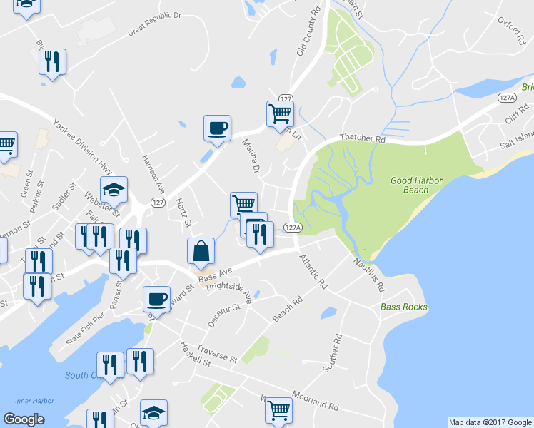 map of restaurants, bars, coffee shops, grocery stores, and more near 10 Rio Dr in Gloucester