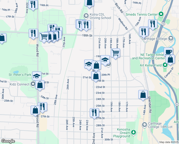 map of restaurants, bars, coffee shops, grocery stores, and more near 2026 22nd Avenue in Kenosha