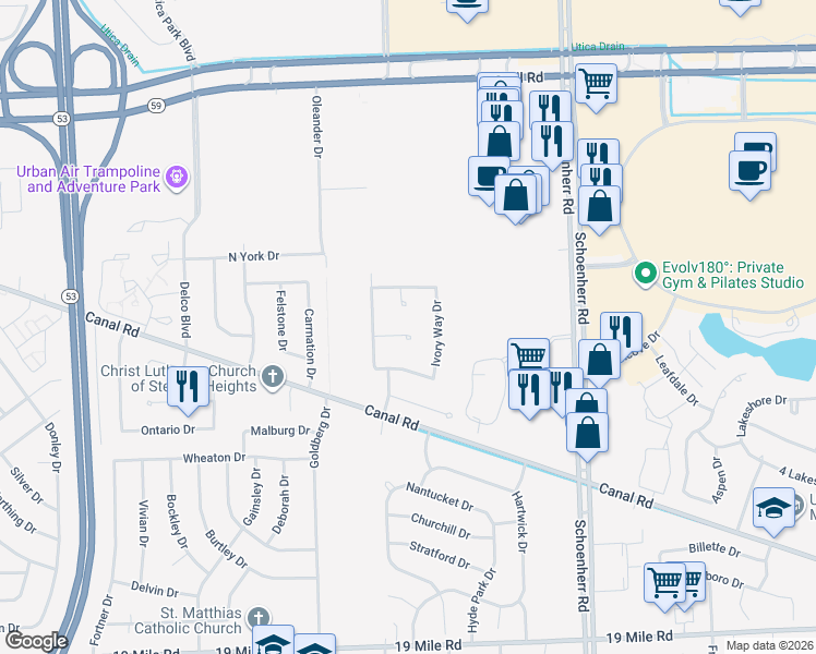 map of restaurants, bars, coffee shops, grocery stores, and more near 12871 Jasmine Court in Sterling Heights