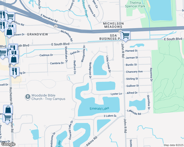 map of restaurants, bars, coffee shops, grocery stores, and more near 6744 Northpoint Drive in Troy