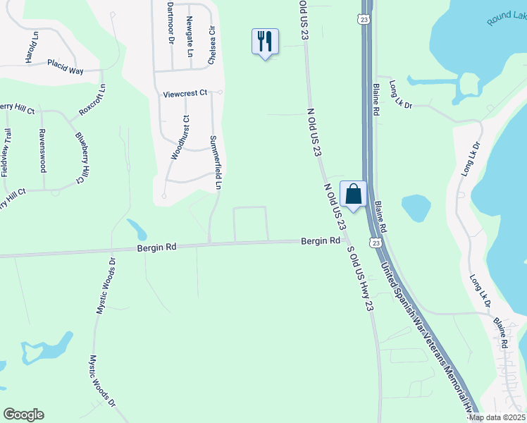 map of restaurants, bars, coffee shops, grocery stores, and more near 10129-10171 Bergin Road in Howell