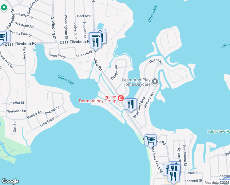 map of restaurants, bars, coffee shops, grocery stores, and more near 1310 South Cass Lake Road in Waterford Township