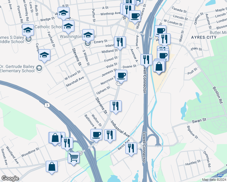 map of restaurants, bars, coffee shops, grocery stores, and more near 18 Upham Street in Lowell