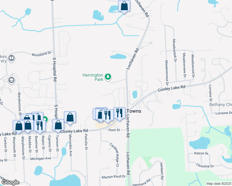 map of restaurants, bars, coffee shops, grocery stores, and more near 6567 Woodhaven Drive in Waterford Township