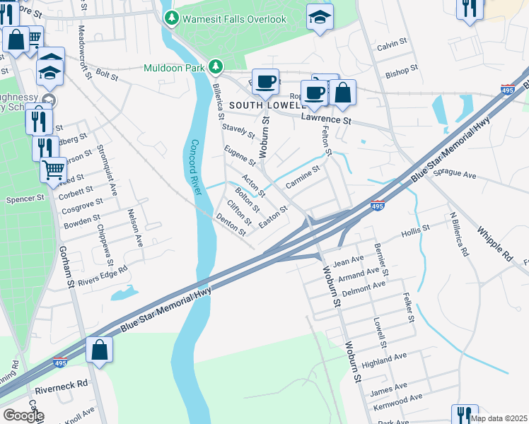 map of restaurants, bars, coffee shops, grocery stores, and more near 80 Bolton Street in Lowell
