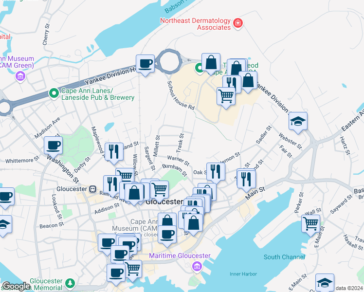 map of restaurants, bars, coffee shops, grocery stores, and more near 9 Trask Street in Gloucester