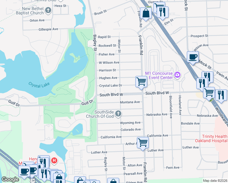 map of restaurants, bars, coffee shops, grocery stores, and more near 348 South Boulevard West in Pontiac