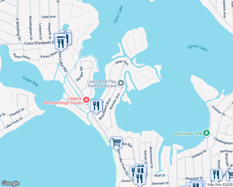 map of restaurants, bars, coffee shops, grocery stores, and more near 1351 Beachland Boulevard in Waterford Township