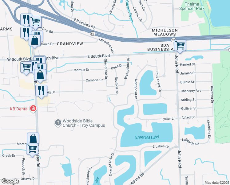 map of restaurants, bars, coffee shops, grocery stores, and more near 6707 Redford Circle in Troy