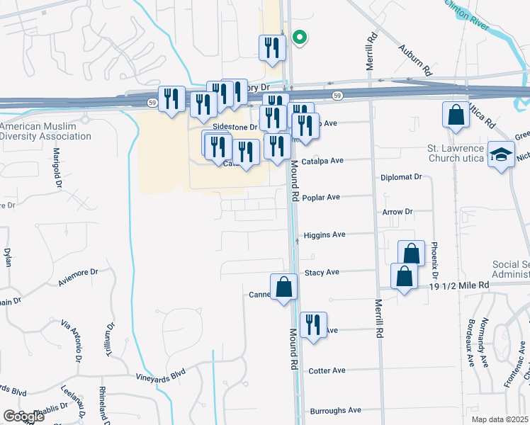 map of restaurants, bars, coffee shops, grocery stores, and more near 5788 Acorn Lane in Sterling Heights